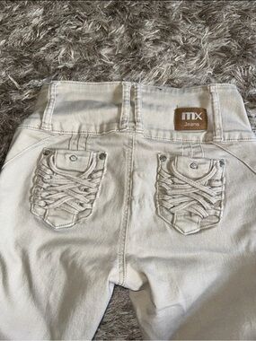 Moda Xpress Women's Size 7/27 Beige Skinny Jeans Braided Pockets Gem Accents